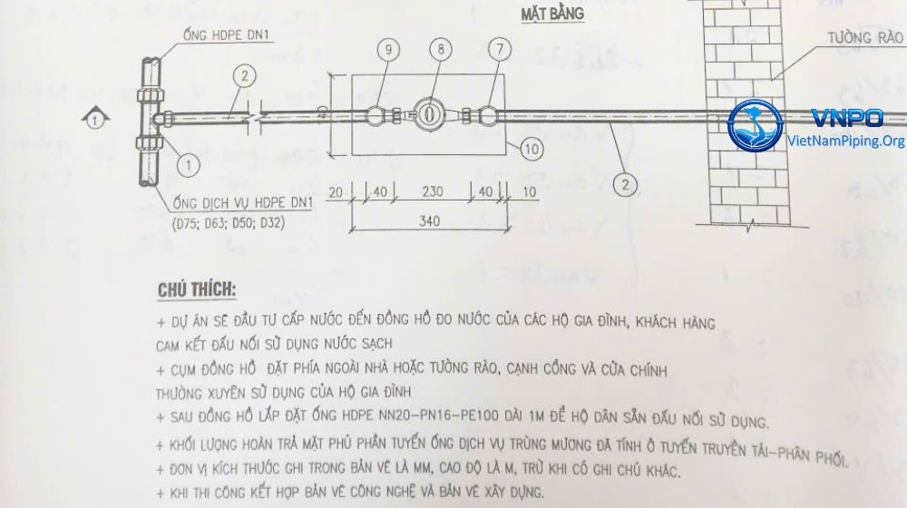 mặt bằng đồng hồ nước với van góc